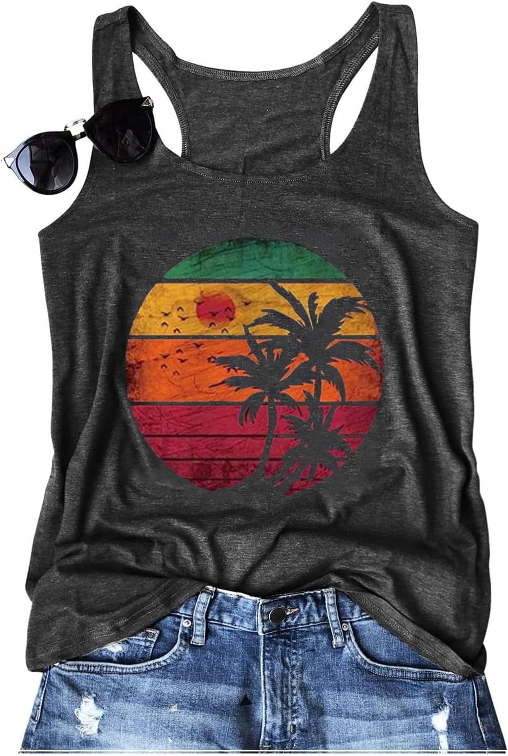 Womens Vintage Graphic Racerback Tank Tops Summer Beach Vacation Tank Cami Casual Loose Workout Yoga Tanks Vest - Image 2