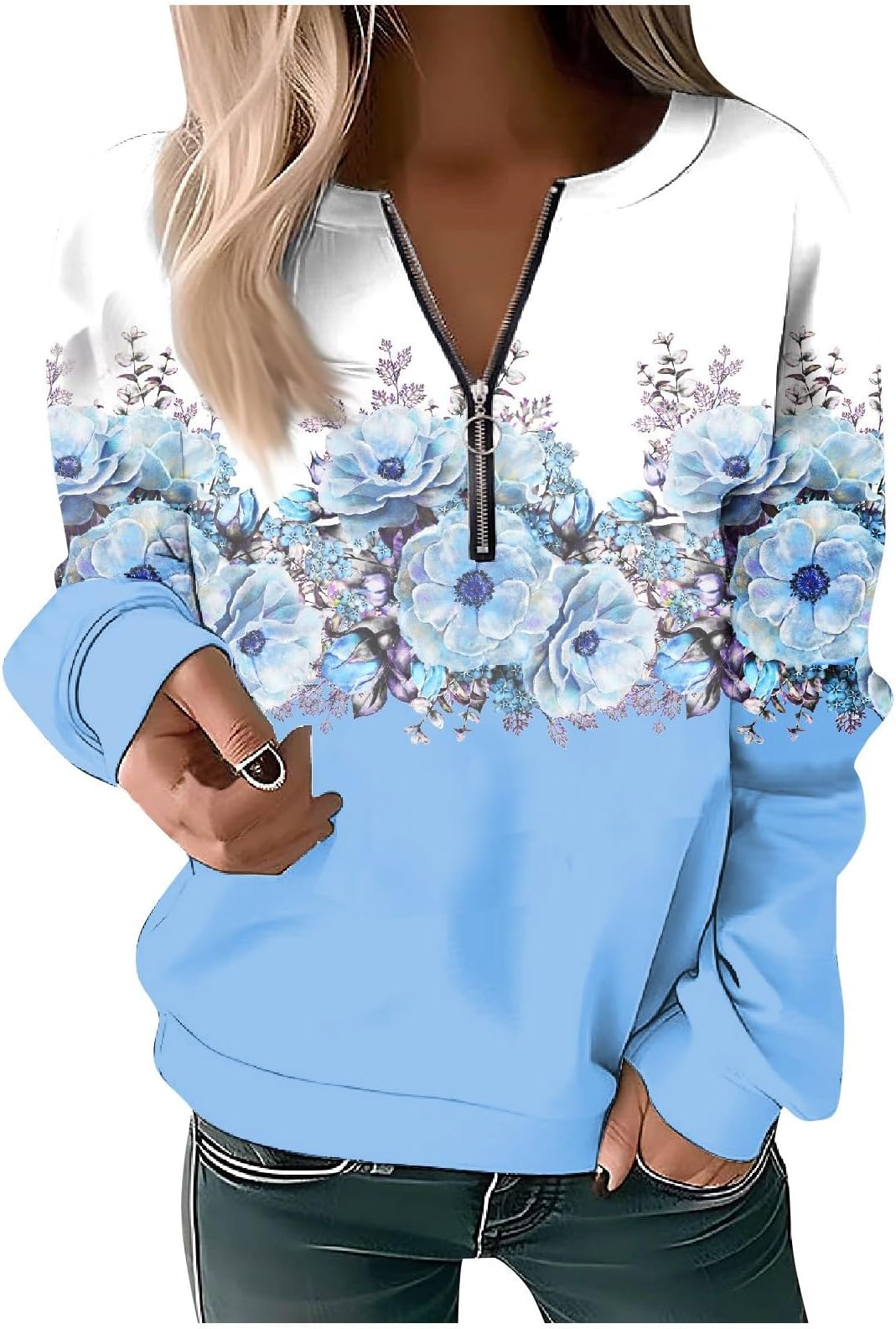 SegavenLong Sleeve Shirts For Women，Women'S Trendy 1/4 Zip V-Neck Print Top Fall Casual Graphic Tunic To Wear With Leggings