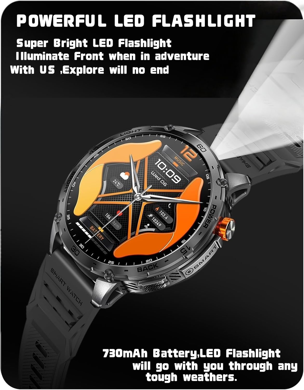 Military Smart Watch, 1.75" Crystal Ultra-Clear AMOLED Display,Spo2 Blood Oxygen Heart Rate Monitor Super Long Standby 730mAh Battery, Bluetooth Calling,LED Flashlight,IP68 Waterproof (Black)