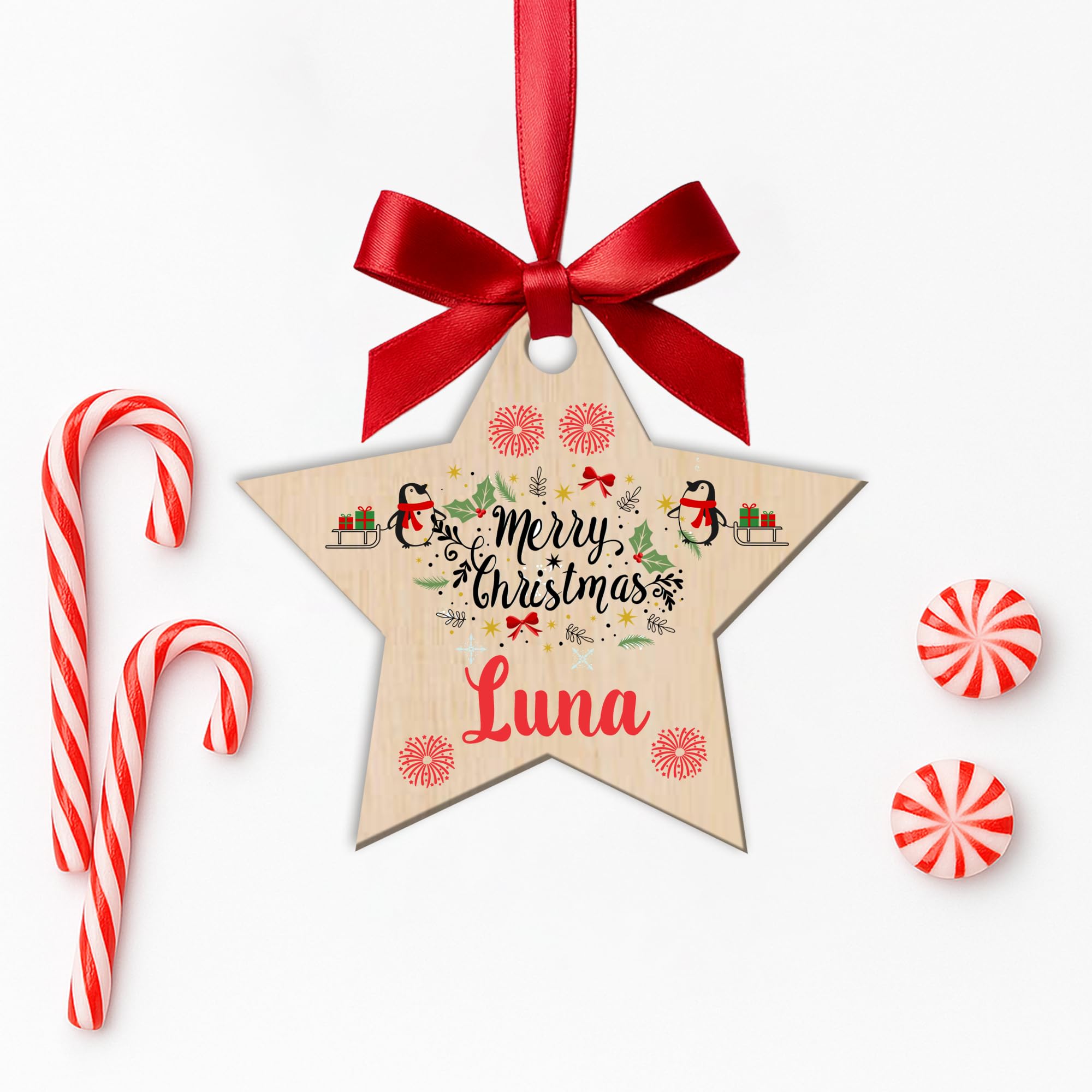 KreateSquare Personalised Christmas Bauble Xmas Tree Decoration with Customised Name and Red Ribbon Star Shaped Baubles | Celebrate Love & Togetherness – Custom Christmas Ornament Keepsake
