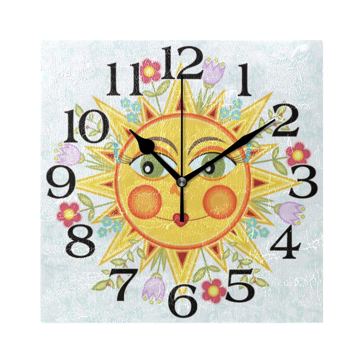 LinomoFloral Sun Face Wall Clock Decor, Silent Non Ticking Square Clock Quiet for Kitchen Living Room Bedroom Bathroom Office