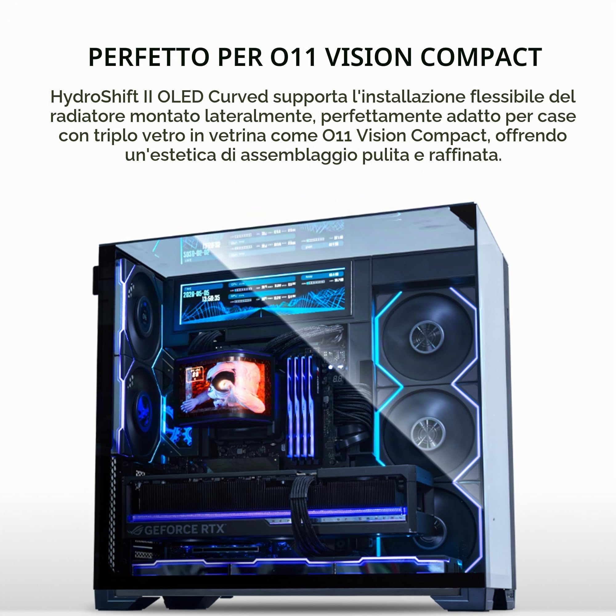 Lian Li Hydroshift II OLED Curvo 360 Liquid CPU Cooler – Flessibile Slide-Tube Clamp Coolant Pathway – Schermo 2K regolabile da 6,6 pollici – Effetti di animazione 3D – LGA 1851/1700, AMD AM5/4 – Nero