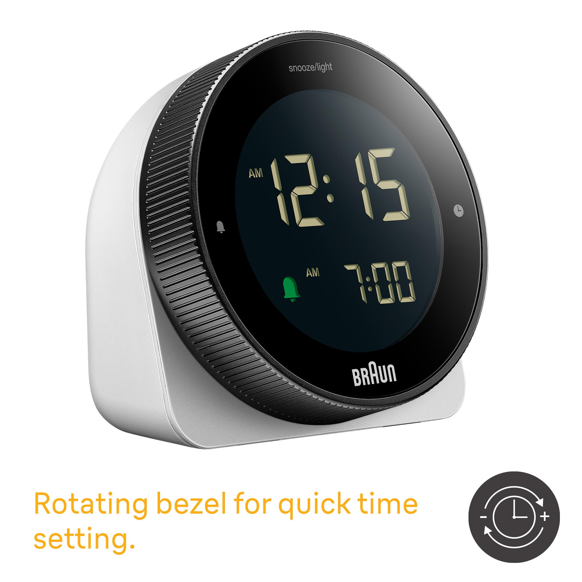 Braun Digitalwecker mit Schlummerfunktion, negativer LCD-Anzeige, drehbarer Lünette für schnelle Zeiteinstellung, Crescendo-Piepton-Alarm in Weiß, Modell BC24W.
