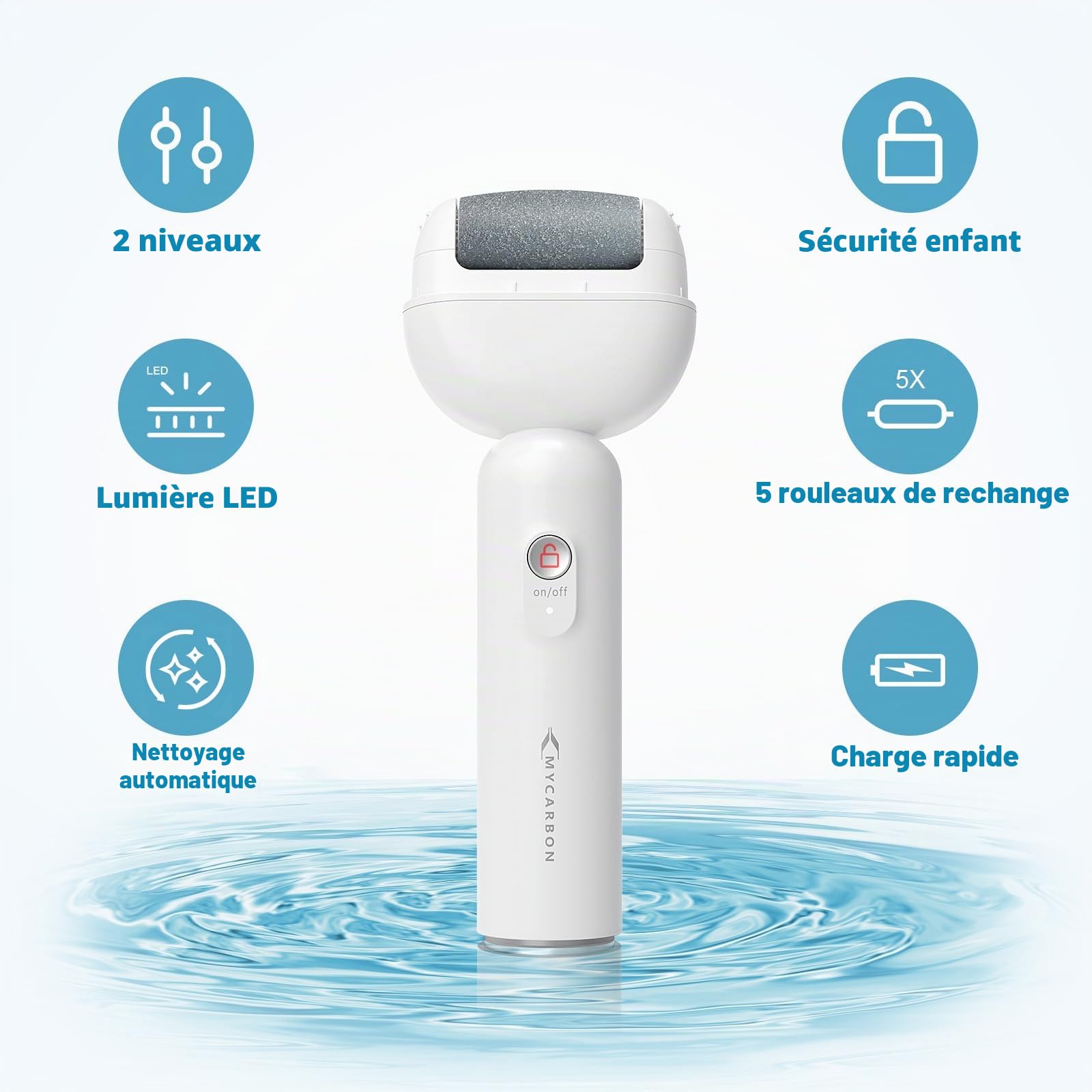 MYCARBON Rapeuse Pieds Électrique Puissante avec 5 Rouleaux de Rechange IPX6 Étanche Ponceuse Pied Pédicure Professionel Sans Fil Râpe Pied Rechargeable Soins Pieds Anti Callosités et Corne, BCM-8003