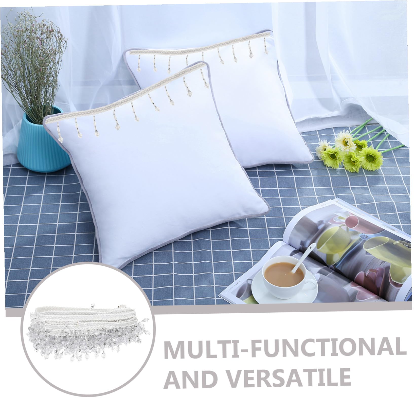 Holibanna Frange Perlée Décorative pour Rideaux et Coussins Bordure Délicate avec Glands Garniture DIY pour Décoration Maison et Meubles Blanc