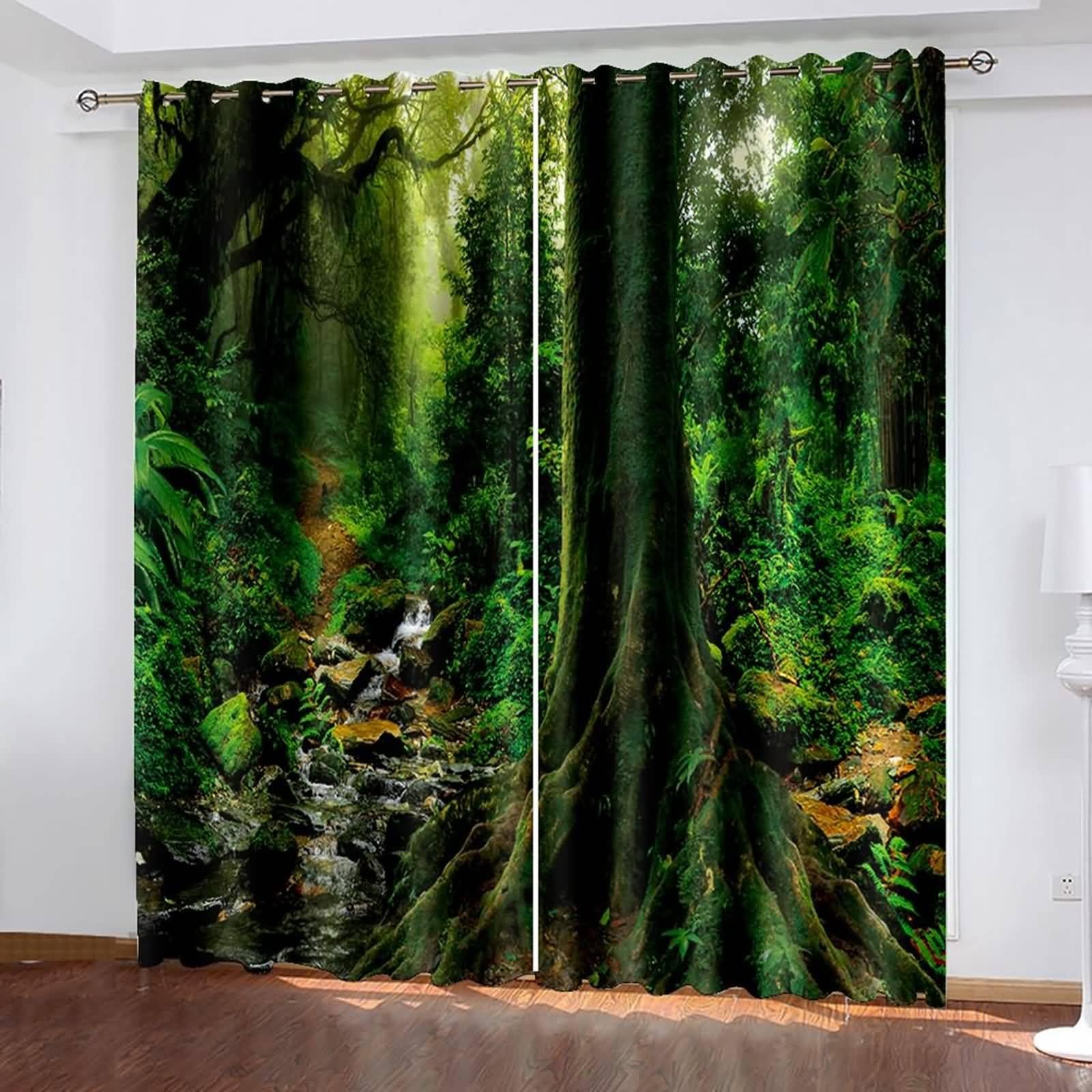 Rideaux occultants paysage de forêt pour créer un salon cocooning et frais