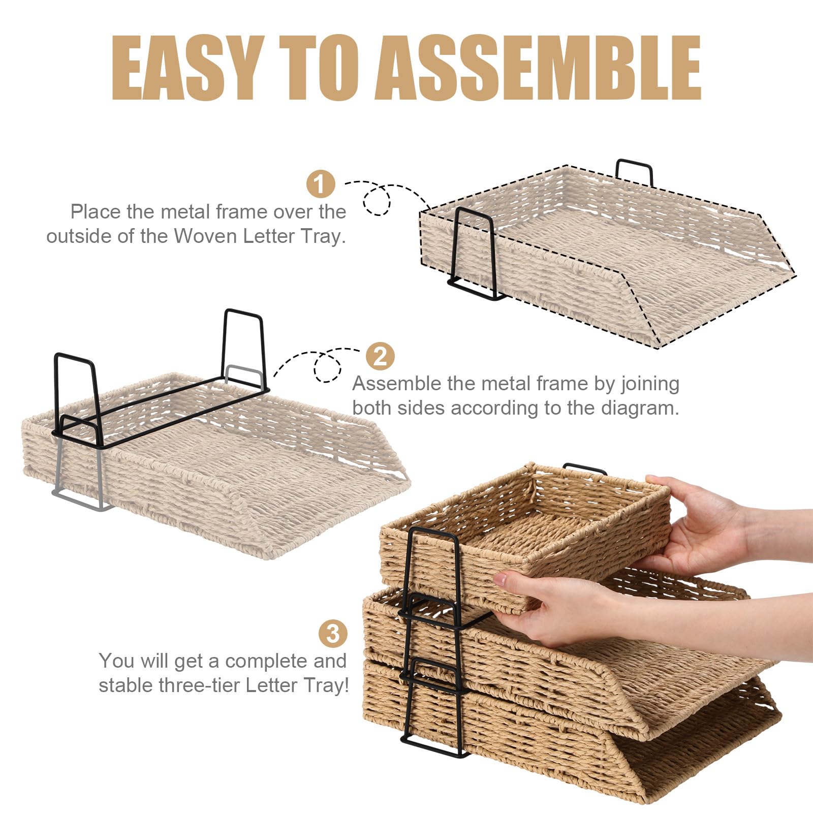 Geelin Paquete de 3 bandejas organizadoras de escritorio apilables para cartas, cesta de escritorio tejida para almacenamiento, carpetas de cartas, cuadernos, copias, impresión, soporte para espacio