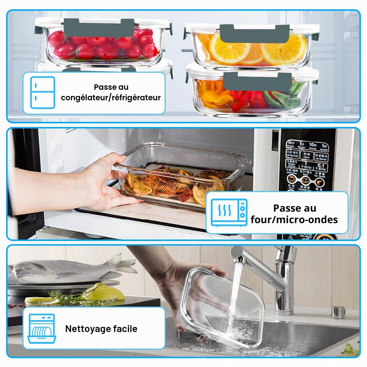 VERONES Lot de 5 récipients hermétiques en verre de 36oz pour la préparation des repas, boîtes à déjeuner en verre avec couvercles, pour micro-ondes, four, congélateur