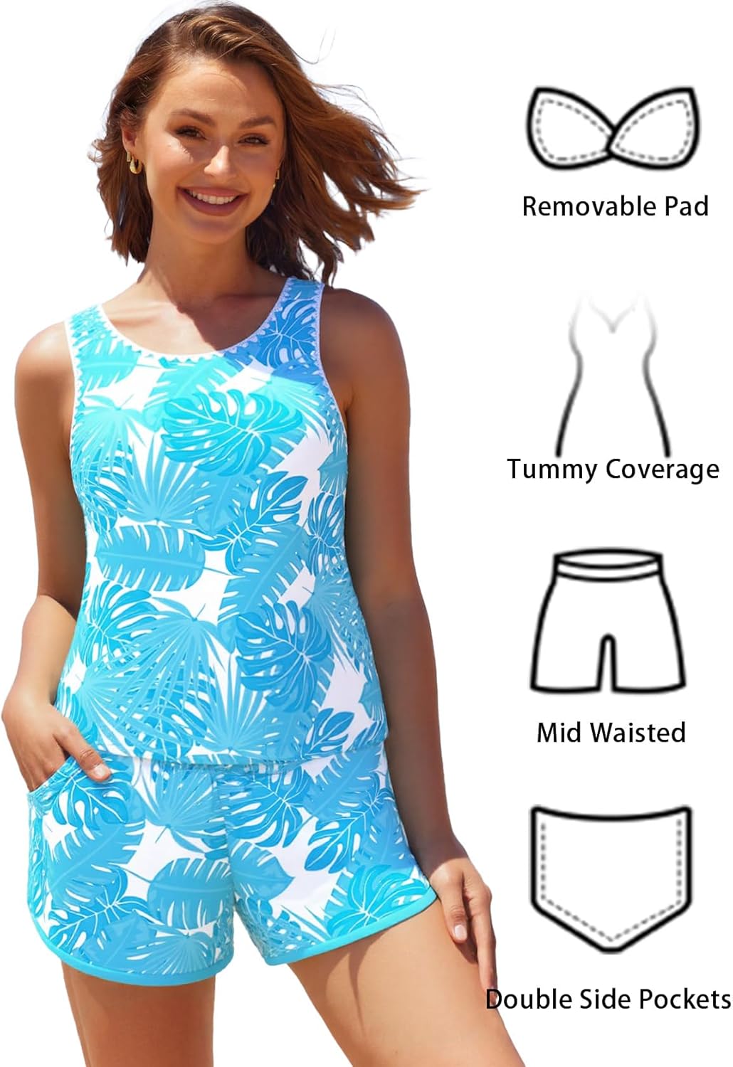 MODLILY Modest Coverage Womens Tankini Swimsuits with Pocket, Bathing Suits Contrast Binding Tank Top with Board Shorts - Image 6