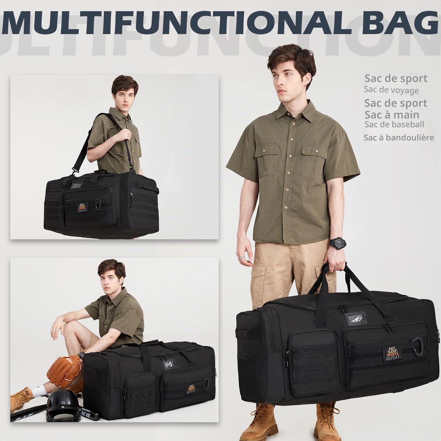 Sac de Sport et d'équipement Nylon 130L Grand Sac de Voyage pour Homme | Pliable avec Compartiment à Chaussures et réfrigéré, Bandoulière, XXL sac de sport pliable pour sauna salle Week-End