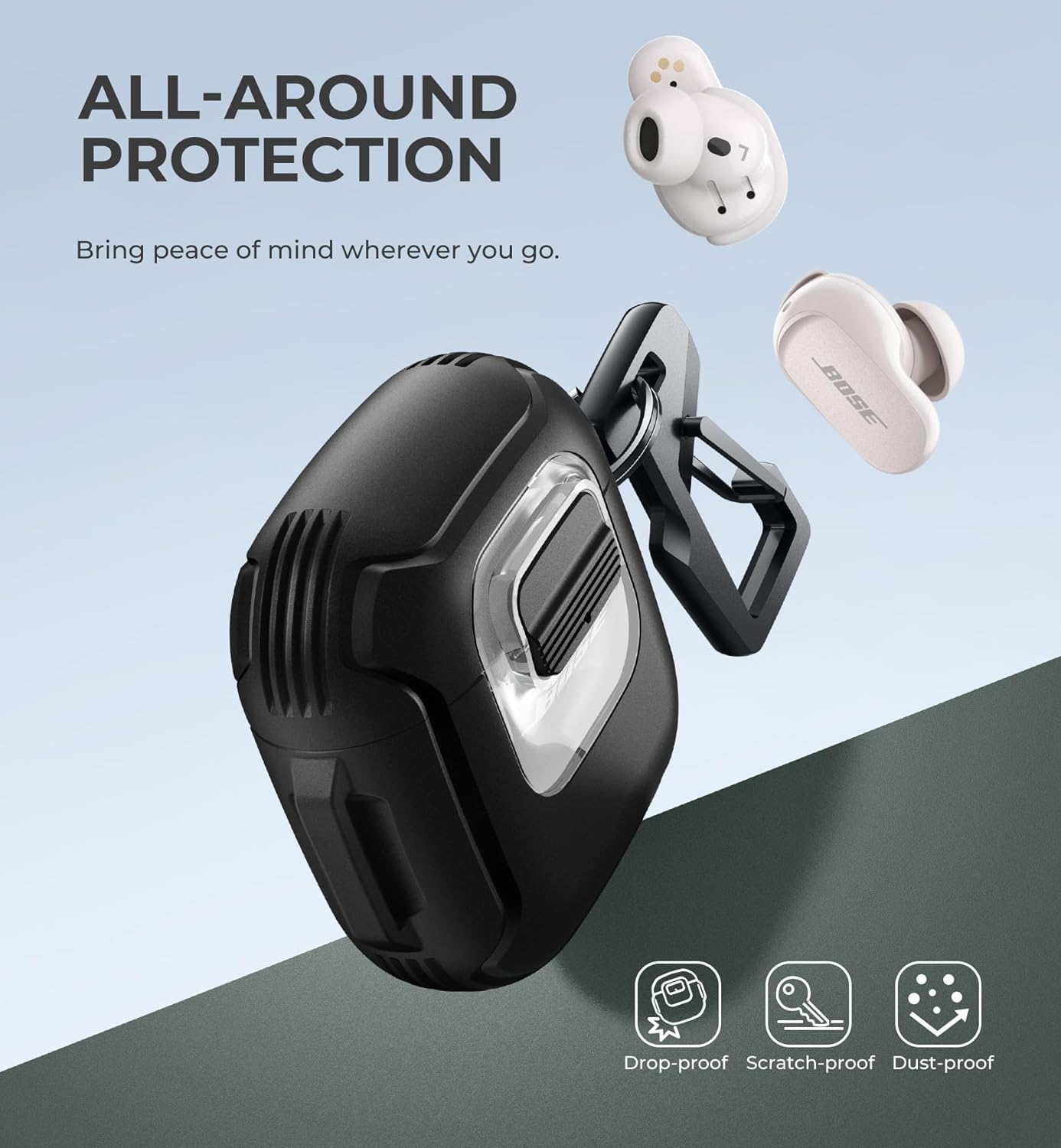 Dexnor for Bose QuietComfort Earbuds II Case (2022) & Bose QuietComfort Ultra Earbuds (2023) & Ultra Earbuds 2nd Gen(2025), Secure Lock Clip Shockproof Protective Cover with Carabiner & Keyring Black - Image 3