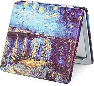 Pocket Mirror for Women, Square 2.8” Metal Frame PU OilPainting Style Double Sided Mini Magnifying 1X/3X Mirror for Purse Compact Travel Mirror (OilPainting02)