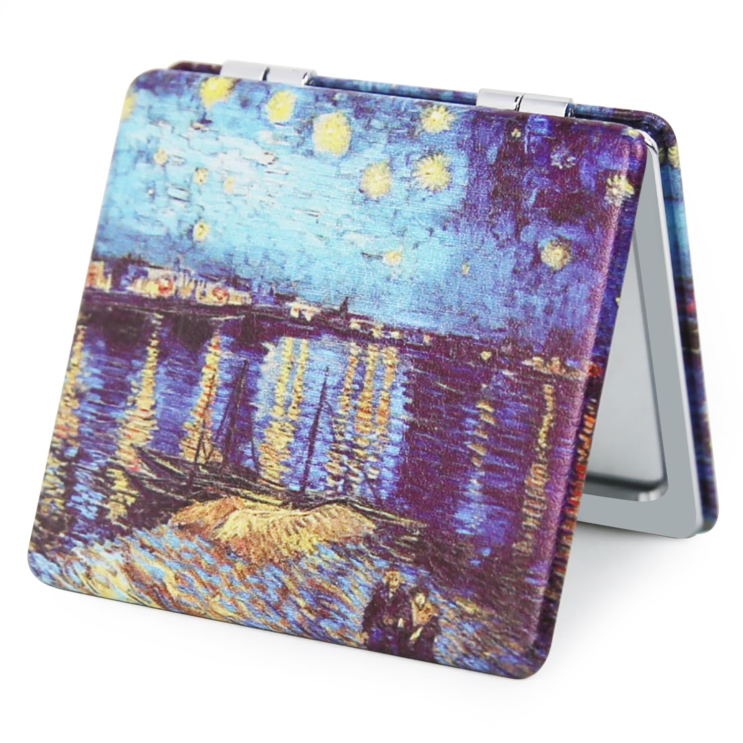 Pocket Mirror for Women, Square 2.8” Metal Frame PU OilPainting Style Double Sided Mini Magnifying 1X/3X Mirror for Purse Compact Travel Mirror (OilPainting02)
