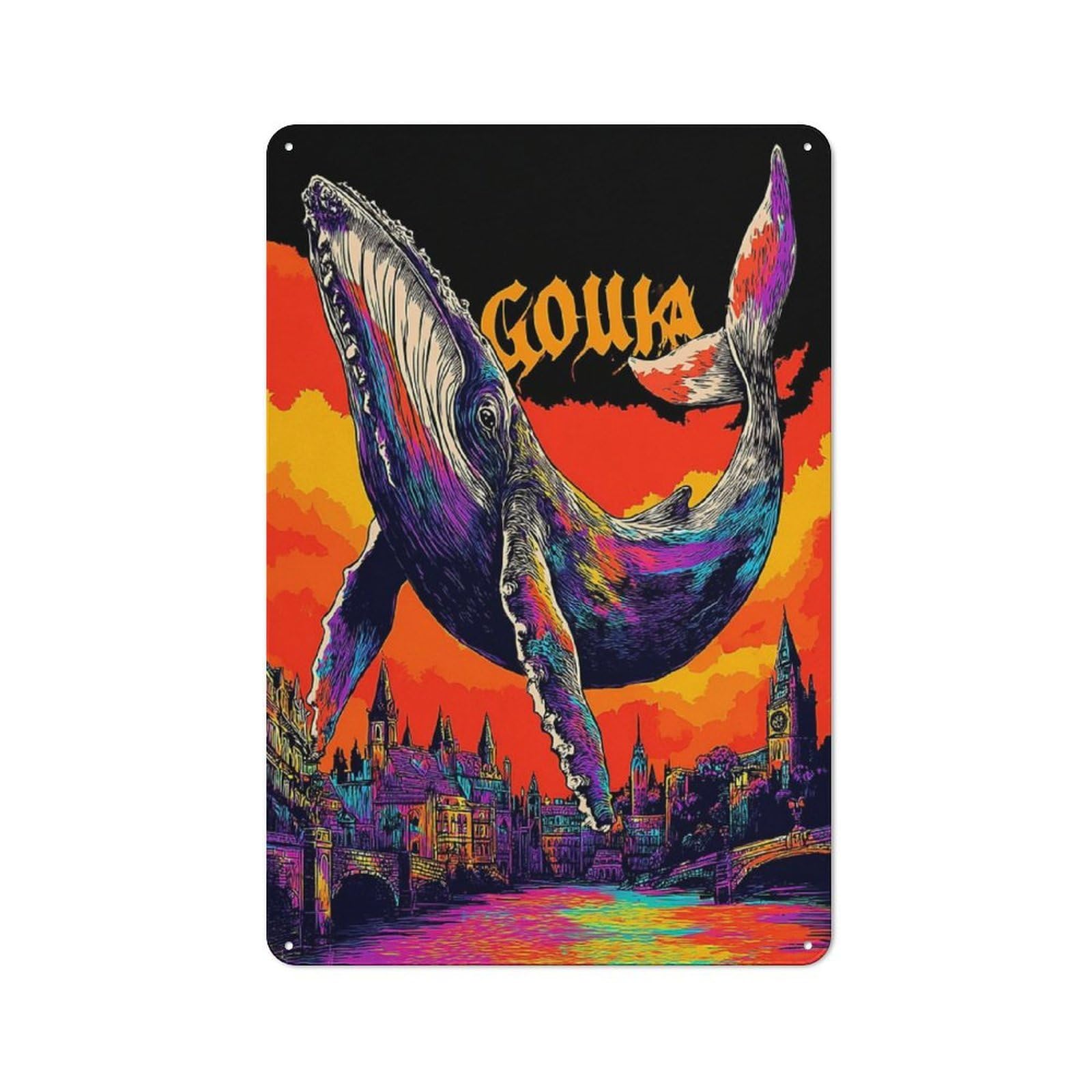 Junmoney Whale In Cityscape Tin Wall Plaque 30X20cm With For Garage Wall, For Collectors Of Retro Metal Wall Decor