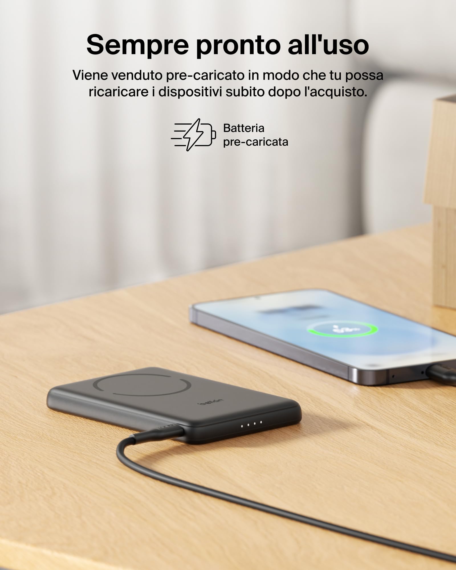 Belkin BoostCharge Power Bank Magnetico 5000mAh, Anello Magnetico - Nero | Caricatore Portatile 5000mAh Wireless, Certificato Qi2, Anello Magnetico per Aggancio, 1 USB-C, Pre-Caricato, Cavo Incluso