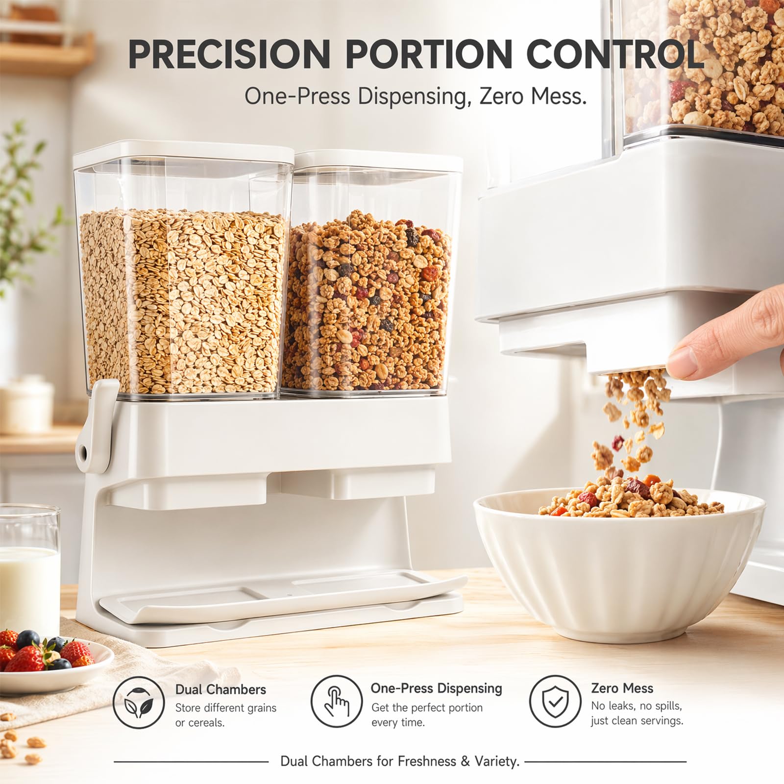 Juego de 2 dispensadores de cereales, 2 dispensadores de cereales de 3 L, a prueba de fugas y aptos para alimentos, recipientes transparentes herméticos para cereales, nueces, granos de café y avena