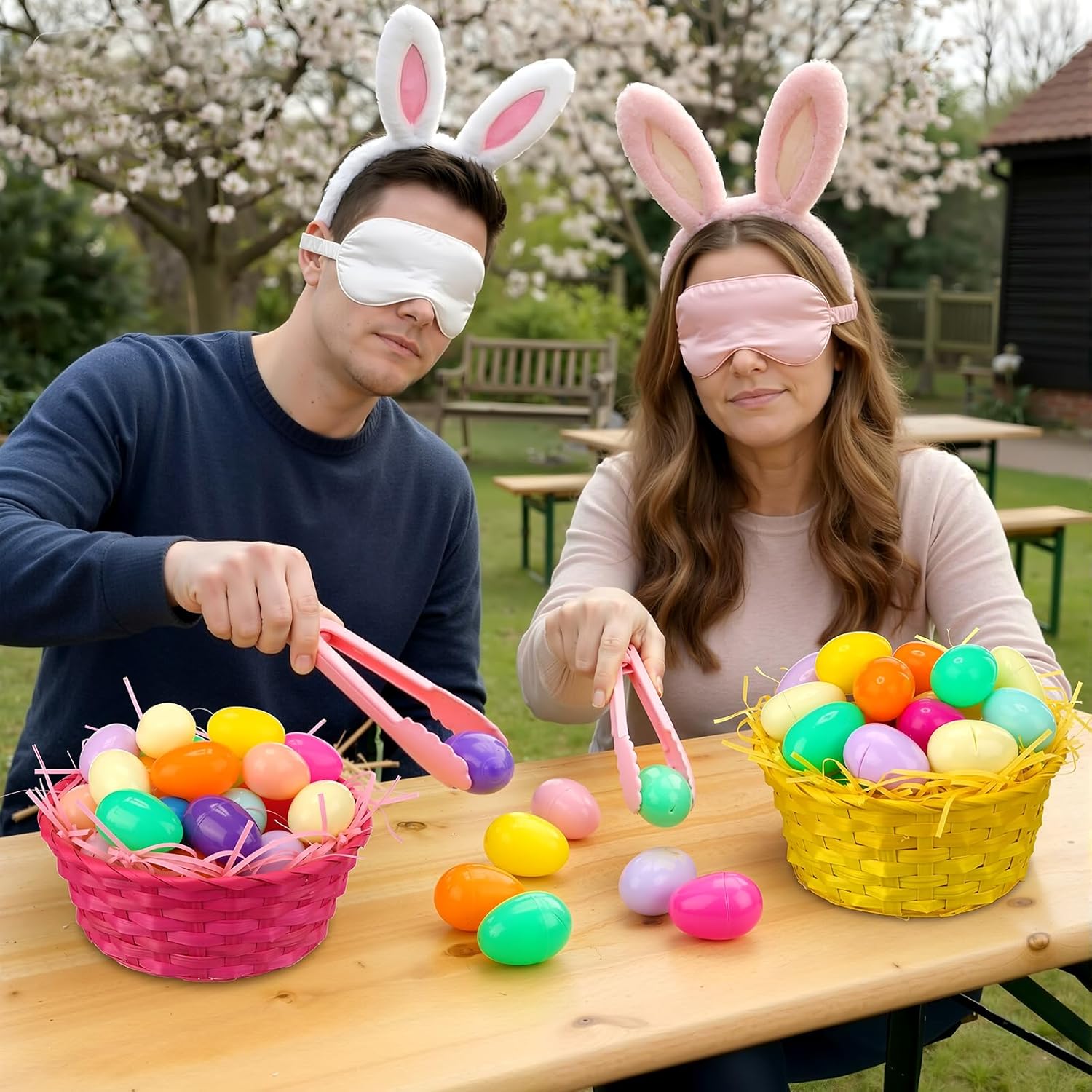 Tigeen 90 Pcs Easter Egg Clips Race Game - 2 Set Easter Blind Game for Group Family Adults, Outdoor Indoor Party Games & Activities, Including Ear Headbands, Blindfolds, Clips, Baskets & Colorful Eggs