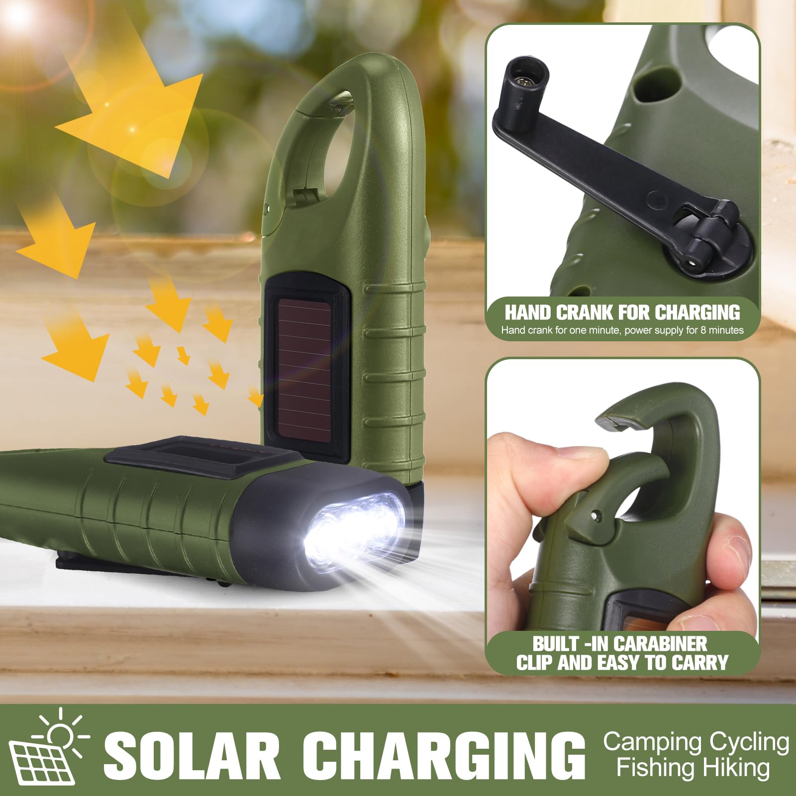 Leelosp 9 Stück Handkurbel Taschenlampe Solarbetriebene Taschenlampe für Notfälle Dynamo Wiederaufladbare LED Survival Licht für Outdoor Sport Wandern Camping (Grün)