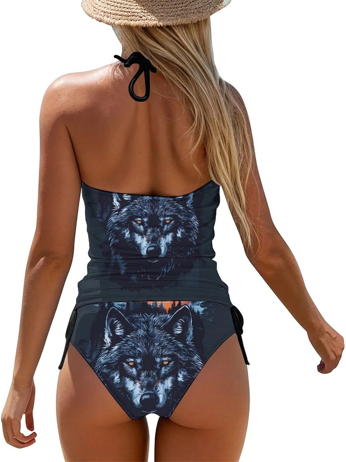 Wolf Hunting Moon Women's Tankini Swimsuit Two Piece Tummy Control Bathing Suits Tie String Swimwear