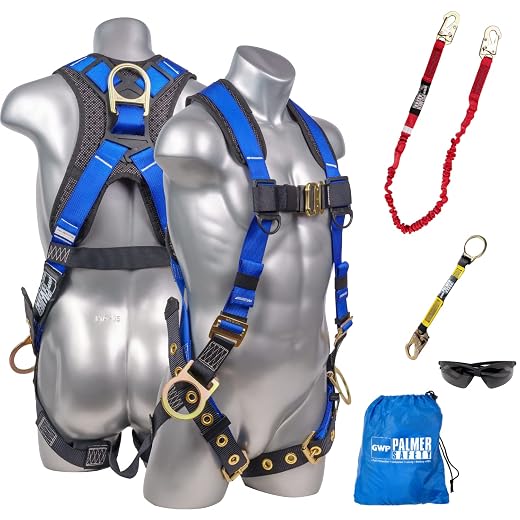 Palmer Safety Fall Protection Safety Harness Kit I Construction Harness + Various Lanyard + D-Ring Extender