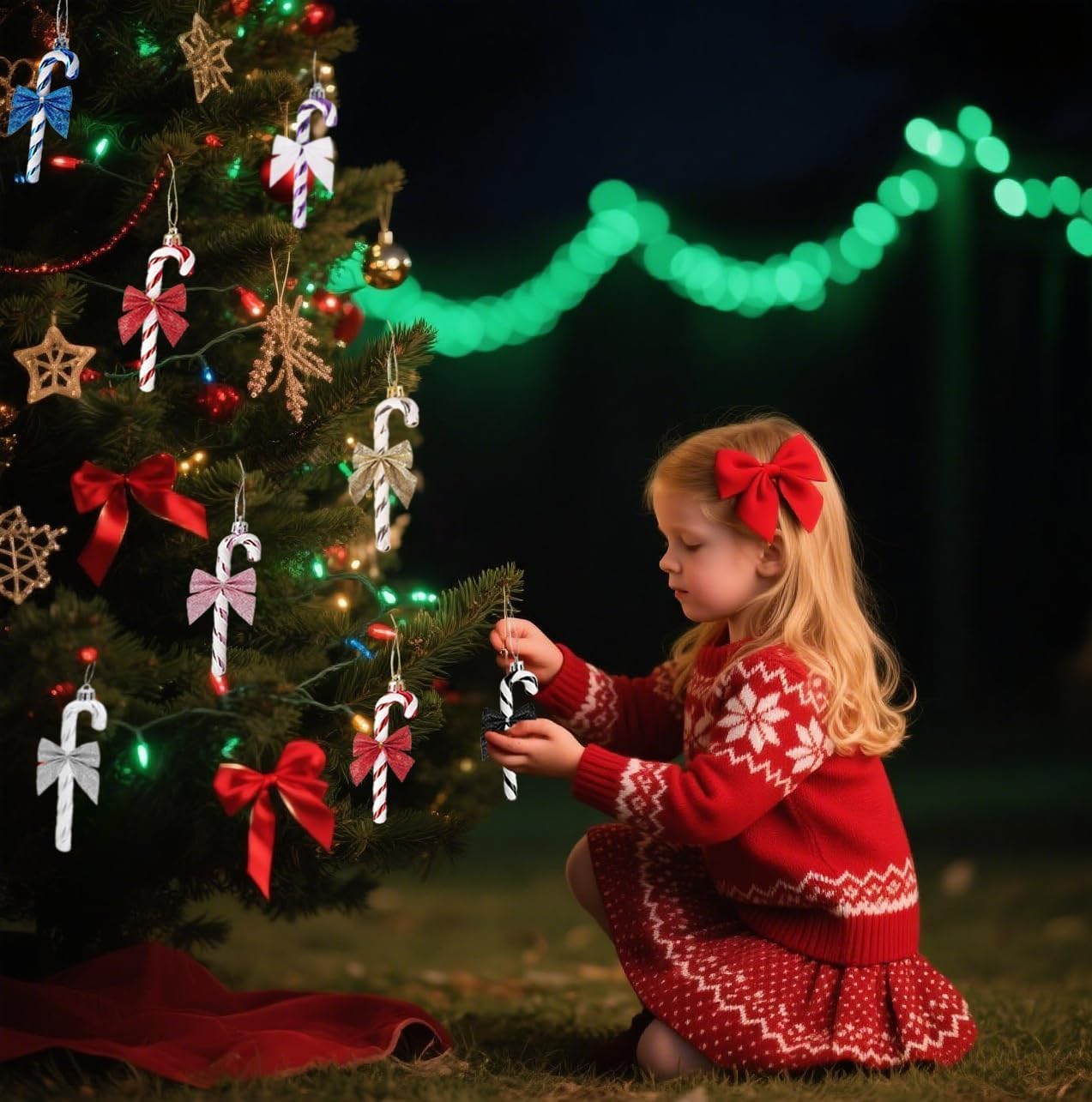 Bastones de Caramelo de Navidad con Purpurina Lazo Colgante para Árbol Navidad (Blanco) 24 Piezas