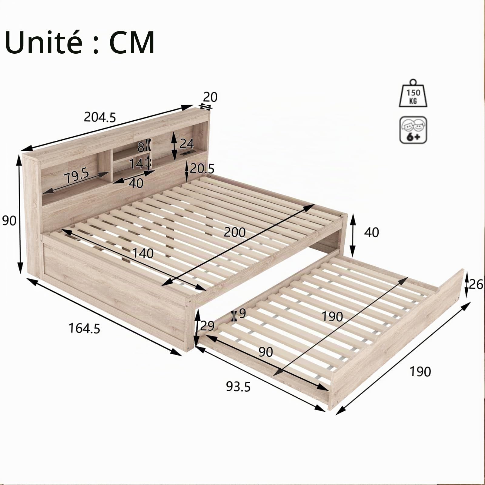 KOMHTOM Canapé-lit avec Compartiment de Rangement et Port de Charge, Lit de Jour Multifonctionnel avec lit gigogne et Lumière LED(sans Matelas) (Naturel, 140x200cm)