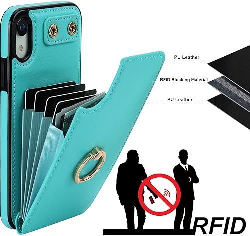 Miniatura 5 de Folosu Funda compatible con iPhone XR con soporte para tarjetas, rotación de 360, soporte de anillo de dedo con función atril, bloqueo RFID, piel