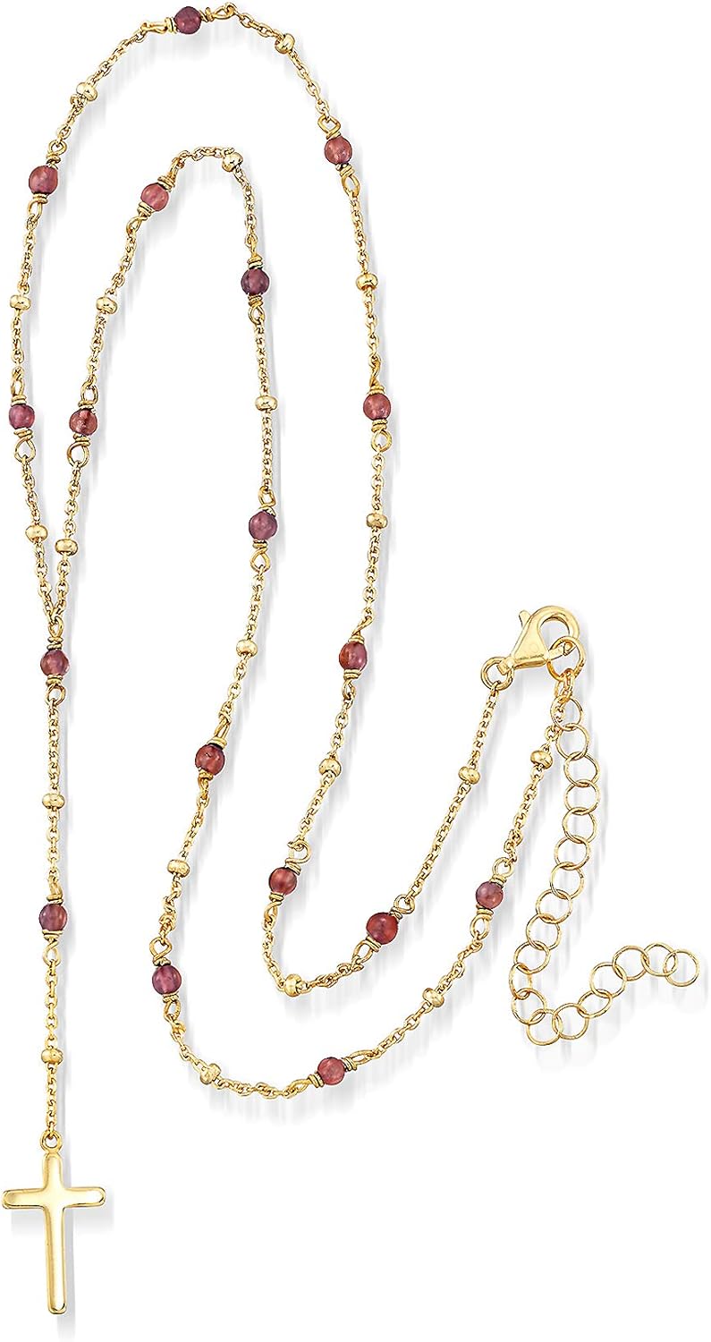 Ross-Simons 2.30 ct. t.w. Garnet Rosary Beads With Cross Necklace in 18kt Gold Over Sterling. 16 inches