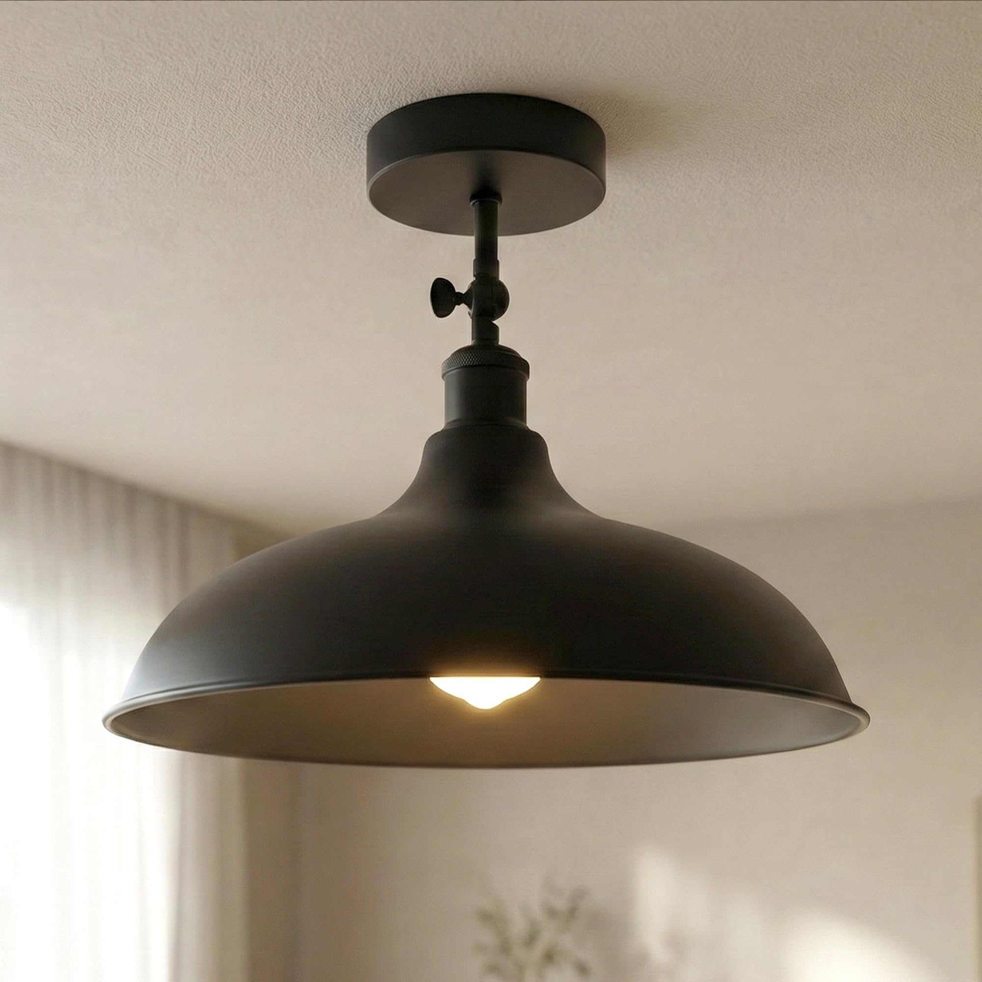 Dc Voltage Black 36Cm Vintage Style Semi Flush Mount 180 Degree Adjustable E27 Base With Bulb Socket Vintage Style Unique Cone Shape Ceiling Mount Lighting
