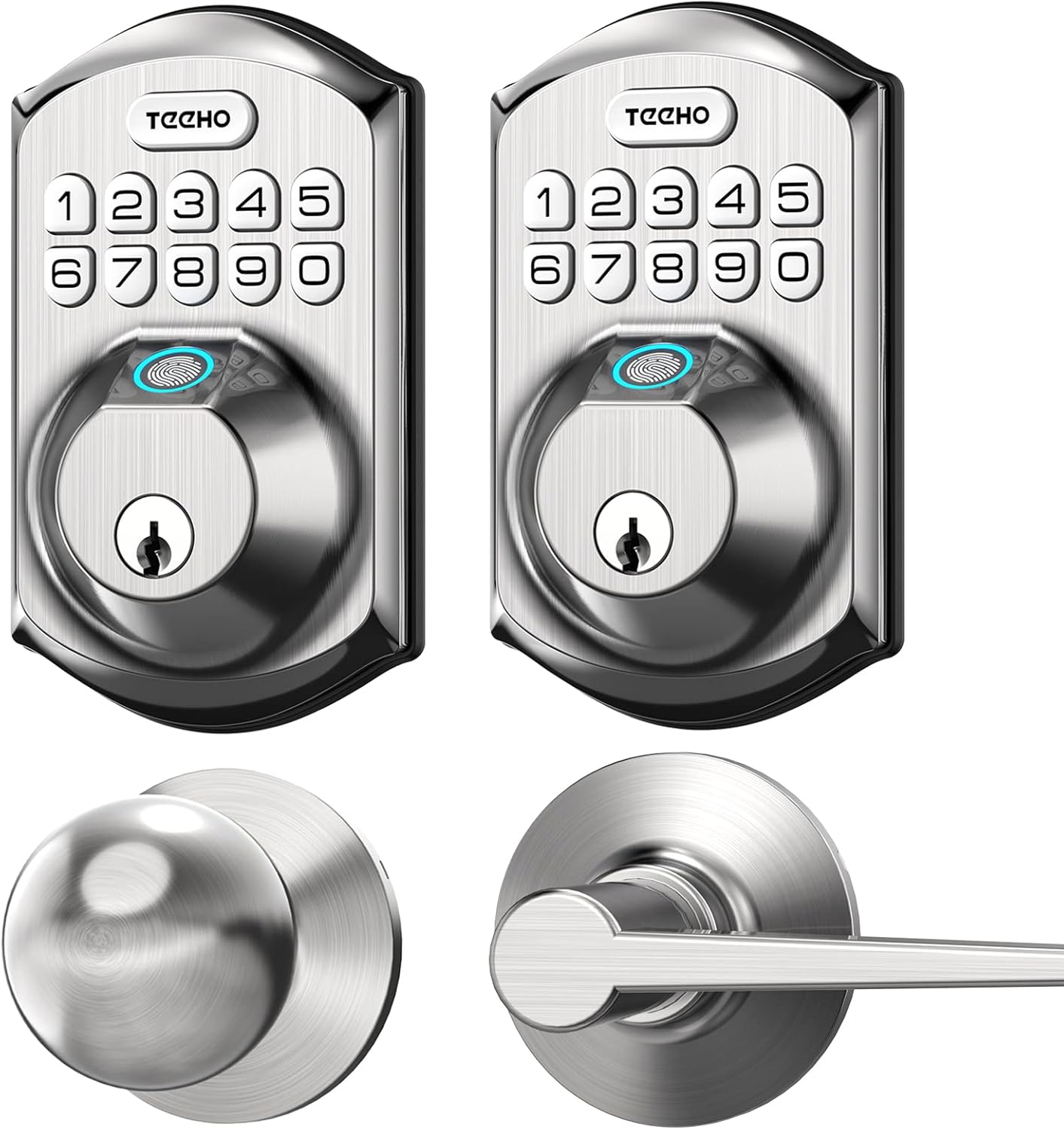 TEEHO Fingerprint Door Lock with 2 Lever Handles, Keyless Entry Door Lock with Handle, Electronic Keypad Deadbolt Front Door Lock Set with Auto Lock and 1 Touch Locking, Satin Nickel