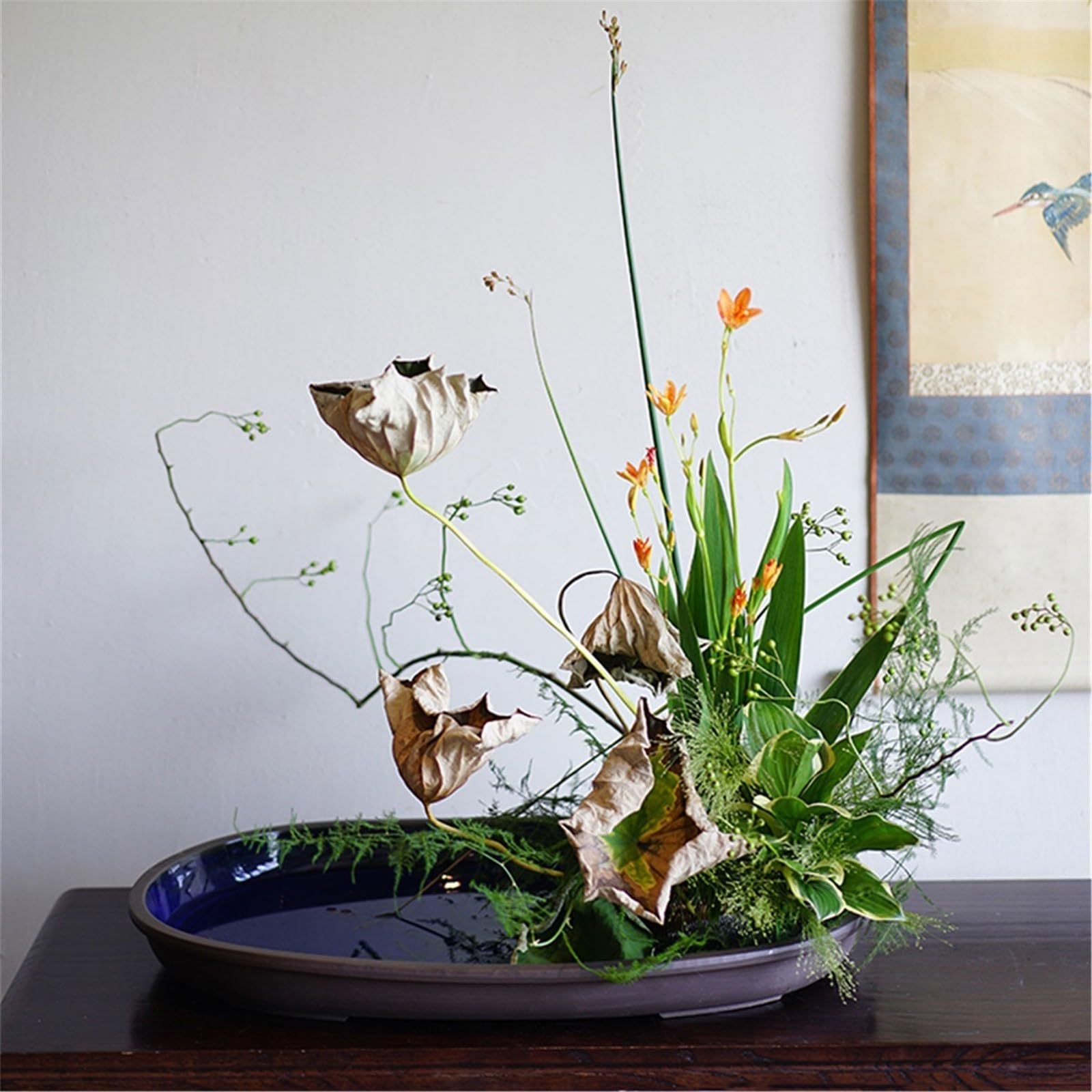 Bandeja decorativa Ellipse cerámica platillo con arreglo floral y decoración