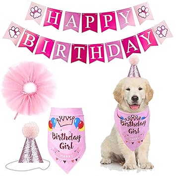 Dog Cat Birthday Bandana Hat Banner Party Supplies Kits Dog Boy Girl Cute Bow Tie Scarf Birthday Party Supplies Decorations (Pink)