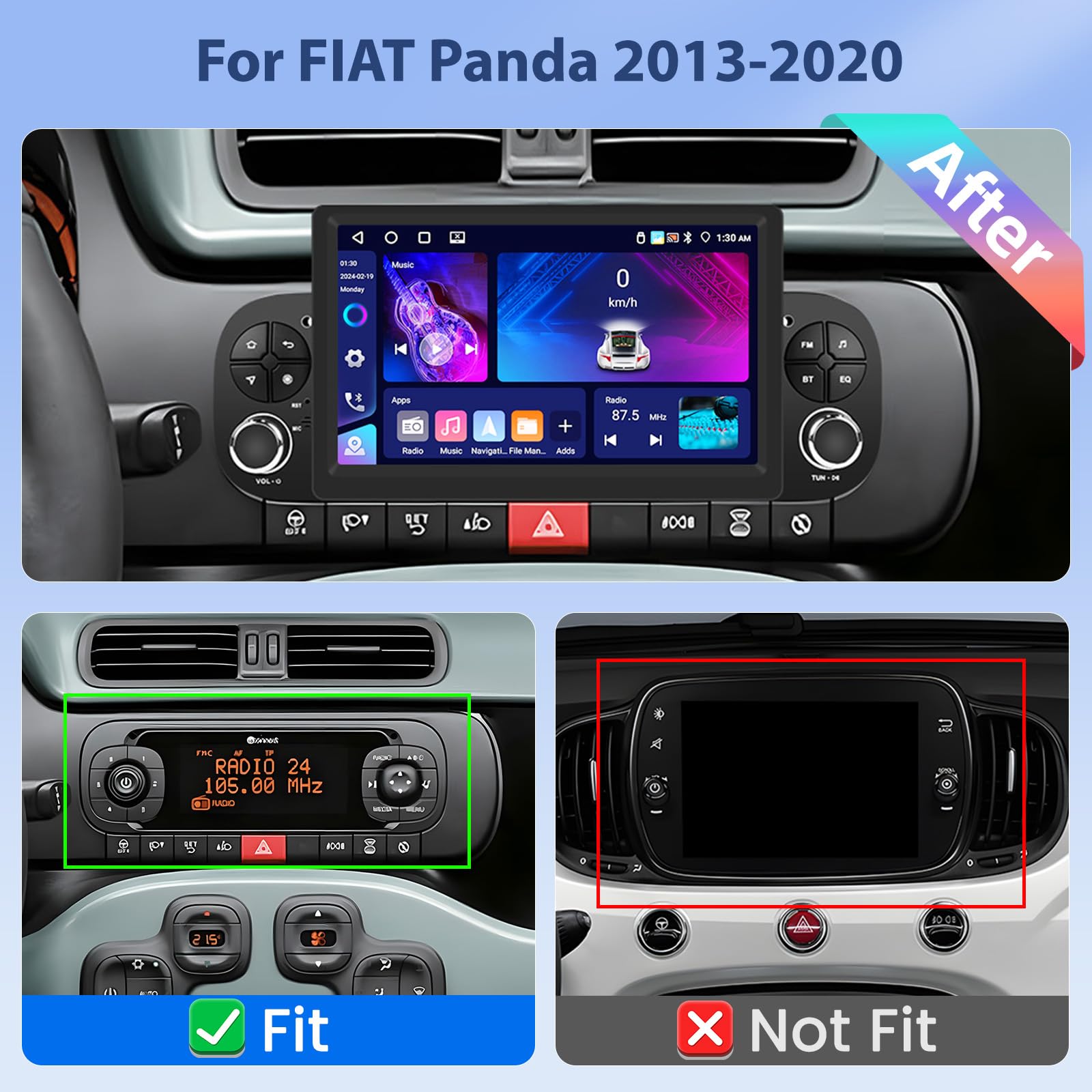 Hikity Radio samochodowe z systemem Android 15 do FIAT Panda 2013-2020, CarPlay, Android Auto Wireless, ekran obrazu 7" IPS, Bluetooth, Mirror Link, nawigacja, GPS, AI, DSP, WiFi, FM, RDS SWC