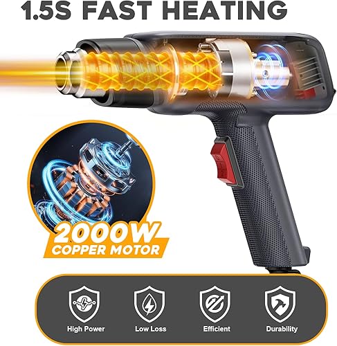 Miniatura 2 de Heat Gun 1800W Professional Heavy Duty Fast Heat Hot Air Gun with 752&1112 (400-600) Dual-Temperature Settings, Overheat Protection, 6 Accessories