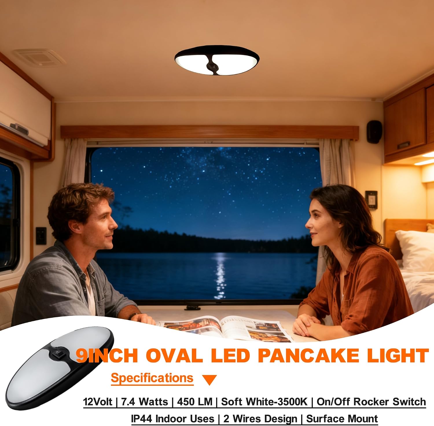 Dream lighting RV Light Interior 12V LED Ceiling Dome Light Fixture with ON/Off Switch for Camper Trailer Boat 7.4 Watt 450 Lumens 3500K 9 inch