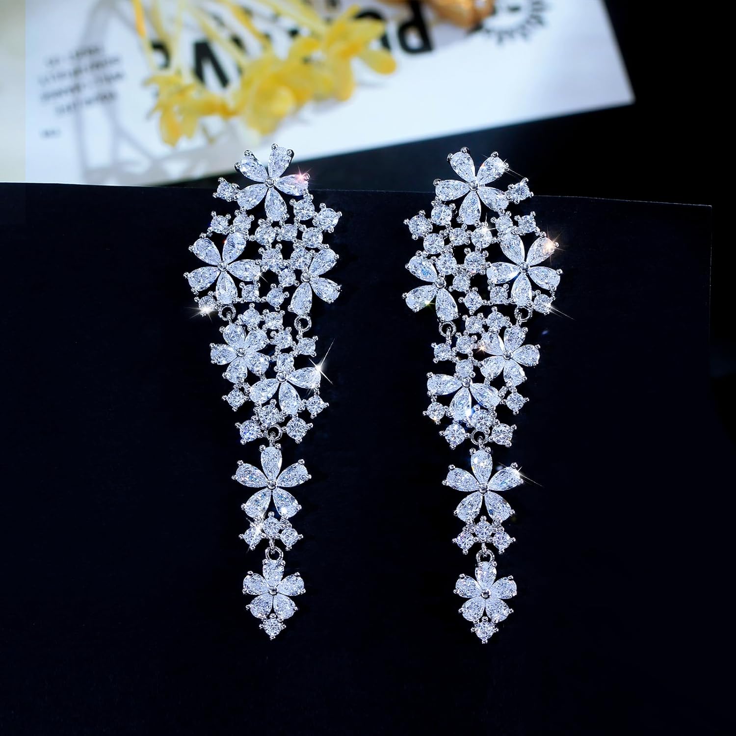 Cluster Flower Drop Dangle Earrings, Long Big Wedding Banquet Jewelry for Women, Clear White Cubic Zirconia, Bridal Party Accessories