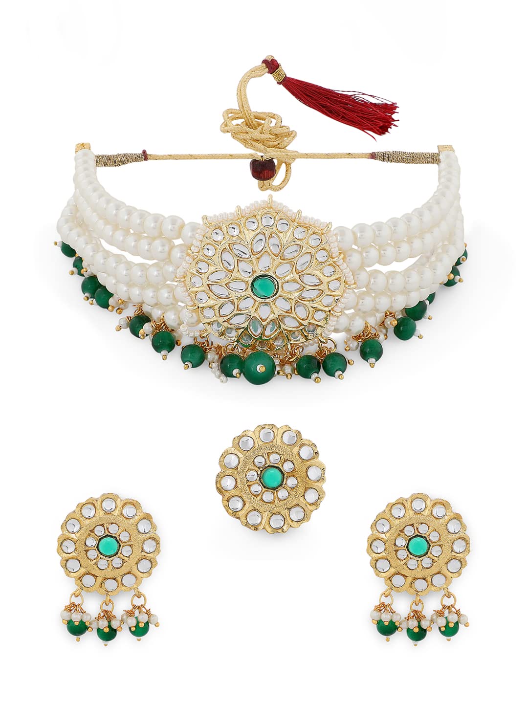 ZAVERI PEARLS Green Beads & Pearls Beaded Multistrand Kundan Choker Necklace Earring & Ring Set For Women-ZPFK11247 (B09JZK8DJG) Amazon Price History, Amazon Price Tracker