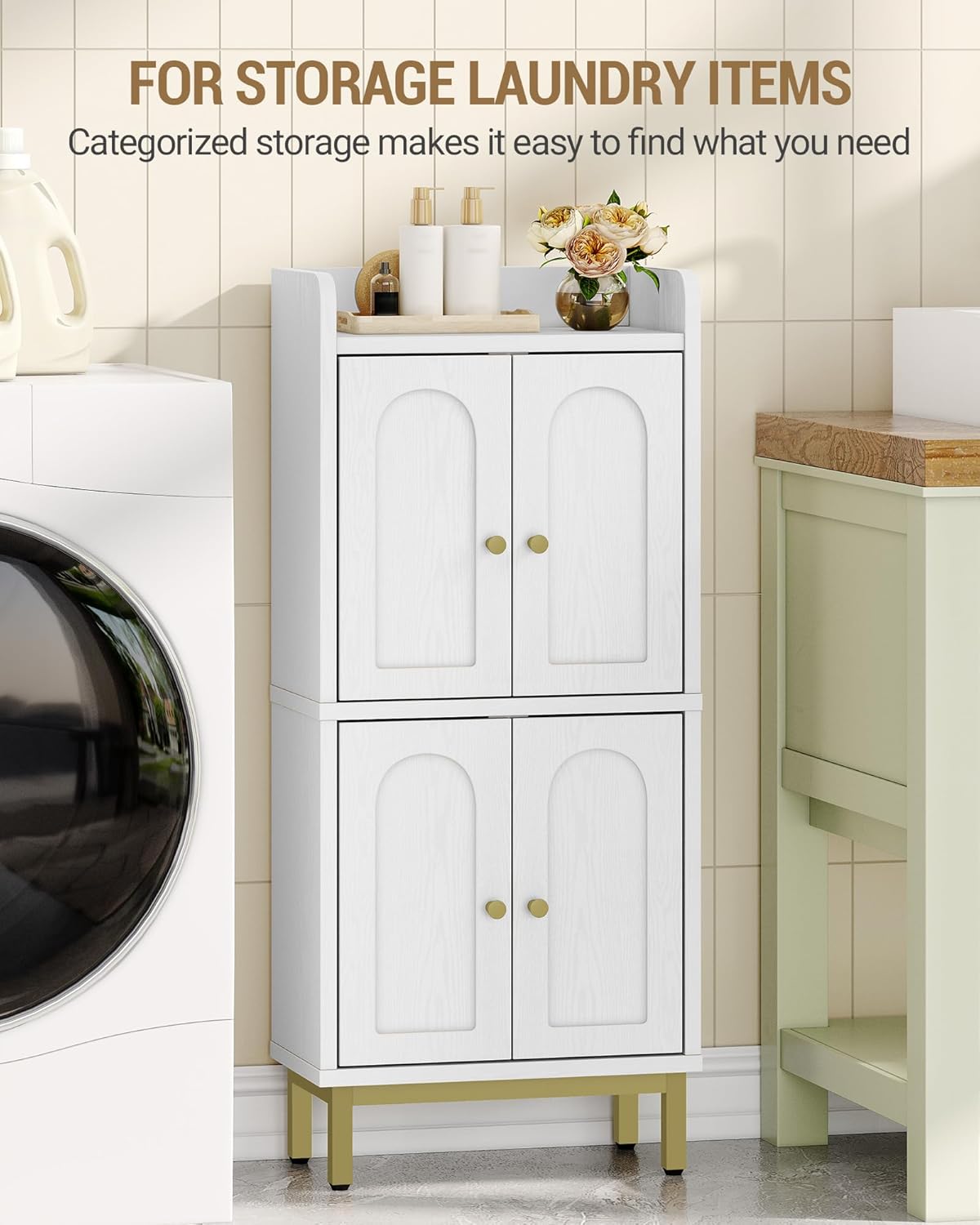 Bathroom Cabinet, Small Storage Cabinet with 4 Doors, Bathroom Organizers and Storage Cabinets with Adjustable Feet. Cabinets Freestanding for Living Room, Kitchen, 7.1"D x 14.6"W x 32.7"H