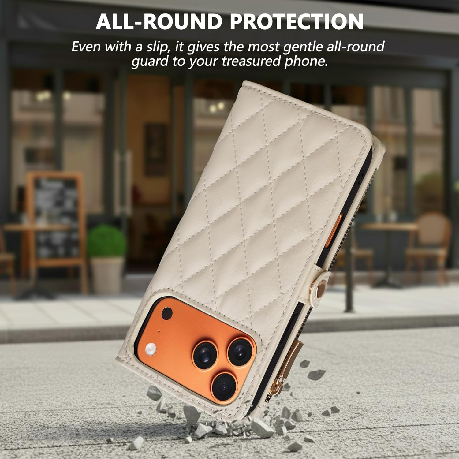 Rssviss Crossbody Wallet Case for iPhone 17 Pro Max 6.9", with Make Up Mirror, Wrist Strap, Zipper Purse Magnetic Flip, RFID Blocking Card Holder Kickstand, PU Leather Shockproof Women, Beige