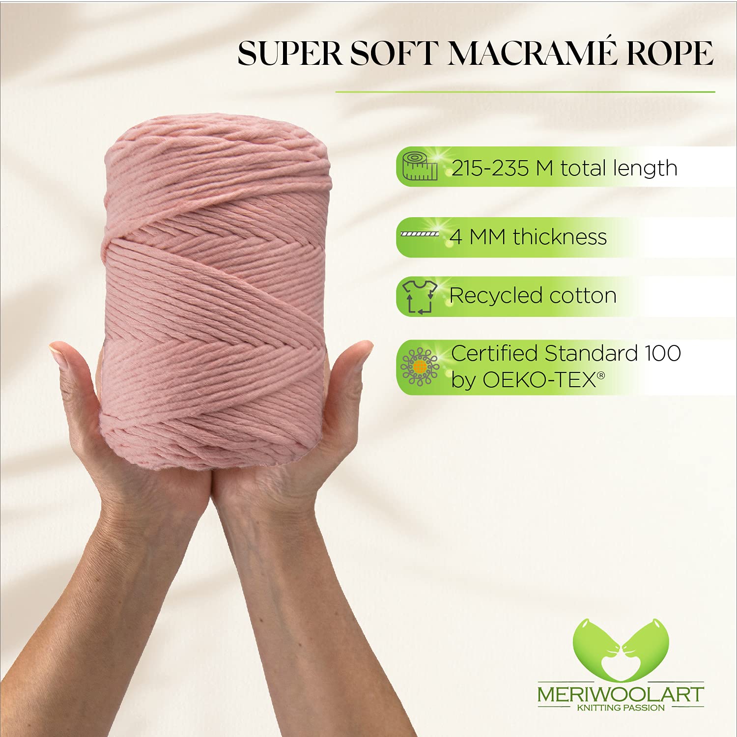 'MeriWoolArt® Natural Macrame Yarn, 4 mm, Colourful, 225 m, Super Soft Cotton Yarn - Image 2