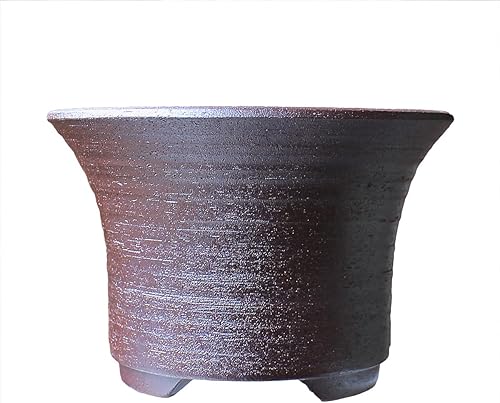 Miniatura 3 de Maceta para bonsái con patrón de rayas redondas Shi-dei-Ara-dei (barro púrpura) Yokkaichi Banko-Yaki tipo profundo Flores silvestres de cerámica