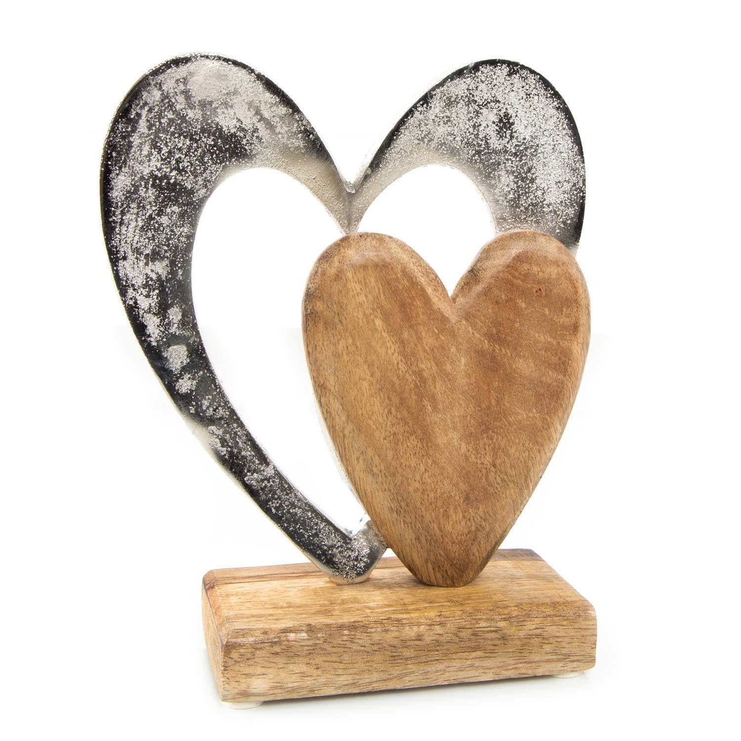 Statua decorativa cuore: figura decorativa da appoggio, scultura in metallo e legno, regalo matrimonio, compleanno e San Valentino, decorazione soggiorno moderna, soprammobile cuore, 21 x 16 x 6 cm