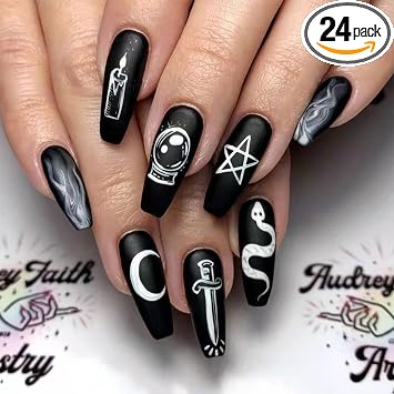 24PCS Halloween Press on Nails Long Black And White Graffiti False Nails French Square Fake Nails with Designs Glossy Cover Acrylic Nails for Women and Girls