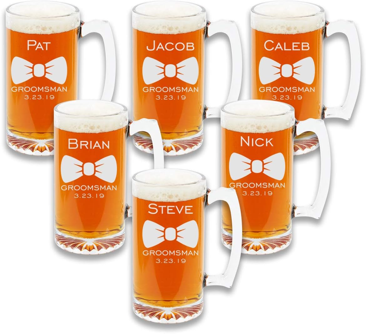 Groomsmen Beer Mugs (Set of 6) - 9 Premium Design Options for Best Man, Groomsmen Gifts Beer Glasses - Custom Etched Set for for Wedding, Bachelor Party, Groomsman Proposal - Engraved