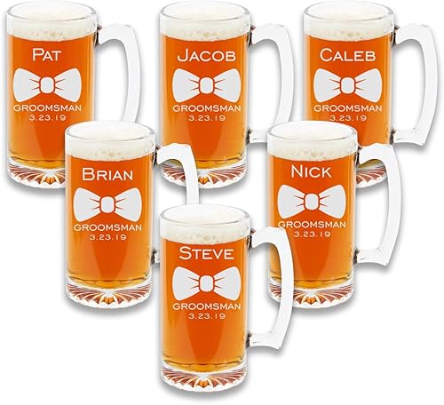 Froolu Tazas de cerveza para padrinos de boda (juego de 6)  9 opciones de diseño premium para padrinos de boda  Juego grabado personalizado para