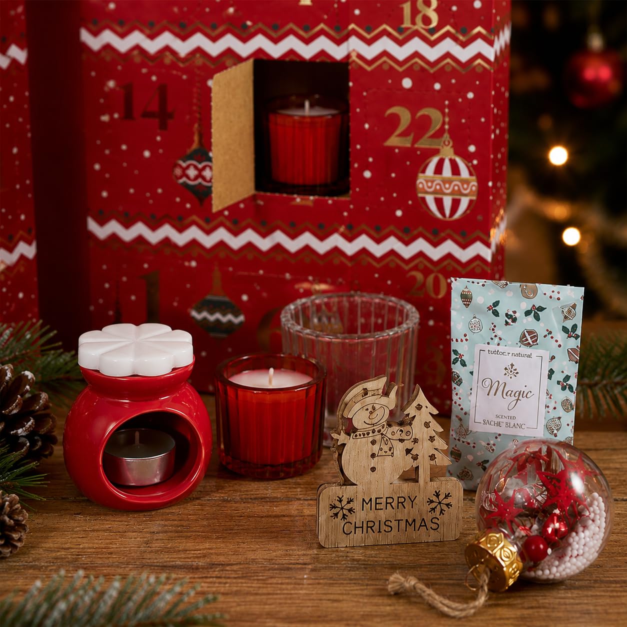 Großer Weihnachts-Adventskalender mit 24 Überraschungen – Kerzen und Weihnachtsdekoration – Adventskalender für Erwachsene – Für Frauen und Männer – 34 x 25 x 14 cm – Rot