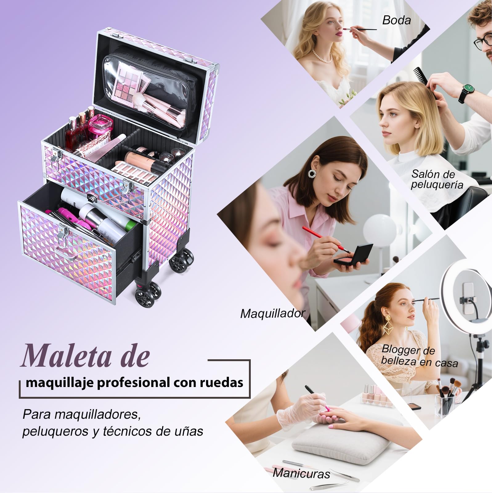 Maleta Maquillaje con Ruedas Maletín Maquillaje Profesional con Cajones, Maletín de peluquería Caja Maquillaje para para Maquilladores, Peluqueros y Técnicos de Uñas, con Bolso Desmontable, Rosa