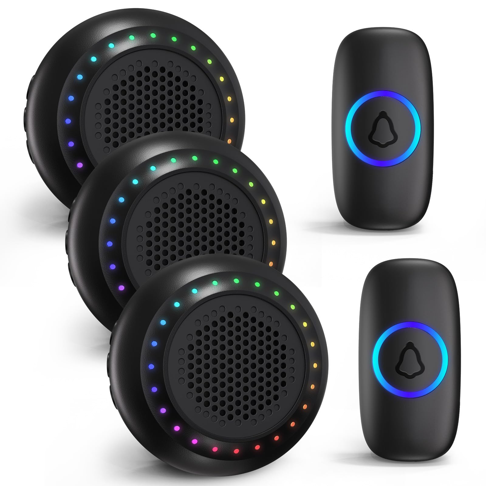 Funkklingel mit 2 Sender und 3 Empfänger, IP55 Aussen Wasserdicht Doorbell | Funk klingel Set 300m Reichweite, 48 Melodien Mit LED-Blitz, 5 Lautstärkestufen, 130dB, Kabellose Türklingel für Haustür