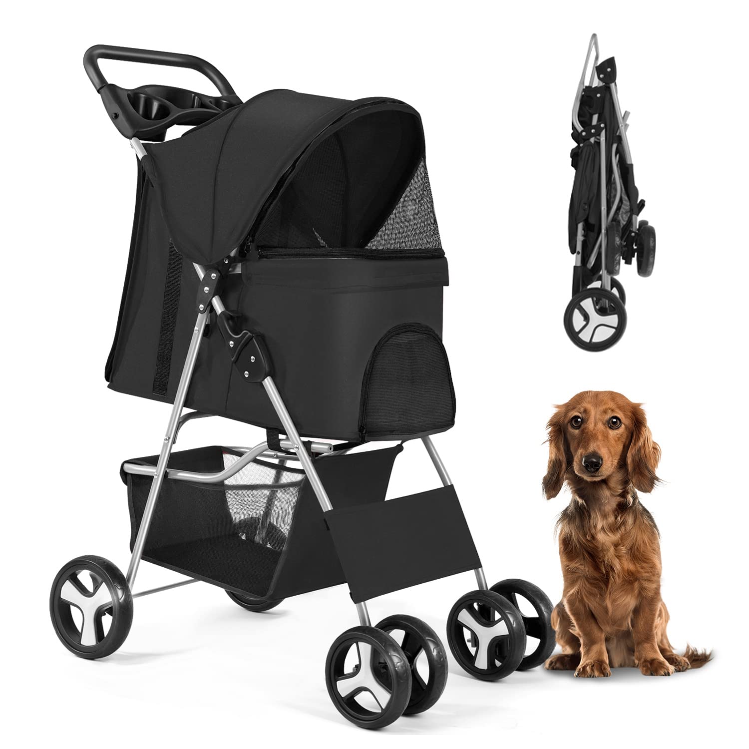 Four Wheels Pet Stroller, for Medium Small Dogs Cats Travel Folding Carrier Stroller with Cup Holder & Removable Liner
