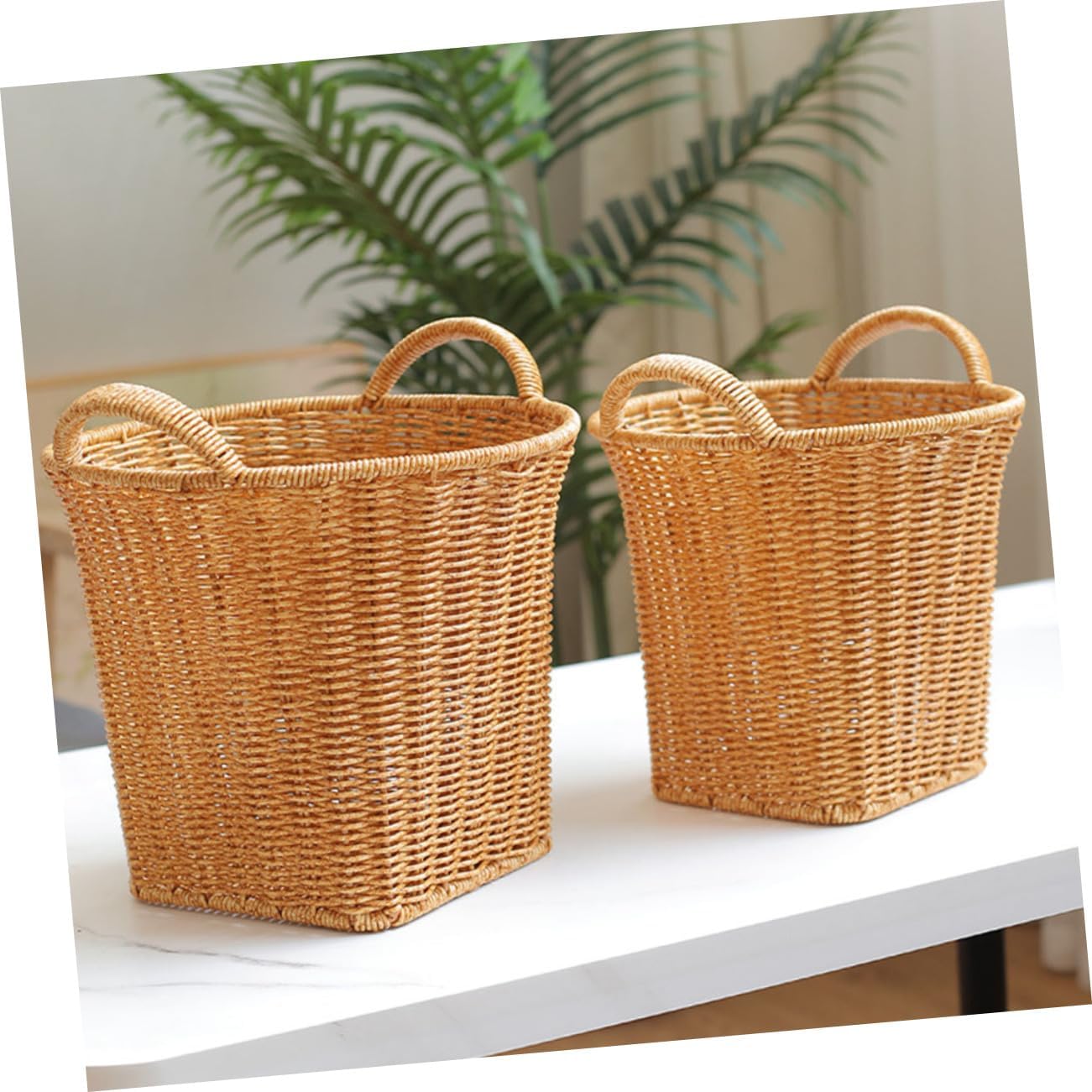 GALPADA Woven Flower Basket for Home Decor Multipurpose Imitation Rattan Storage Basket with Handles Decorative Organizer for Living Room Nursery and Garden